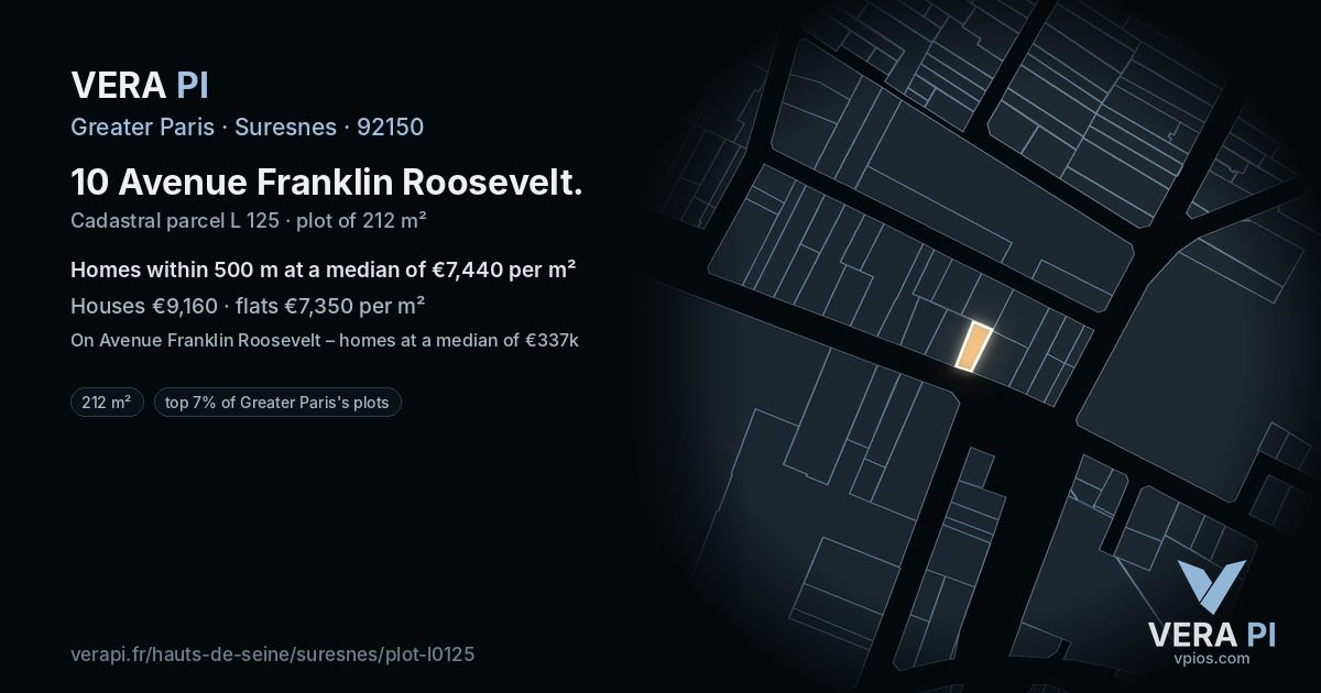 10 Avenue Franklin Roosevelt, Suresnes at night – the plot lit, the parcels around coloured by the prices near them