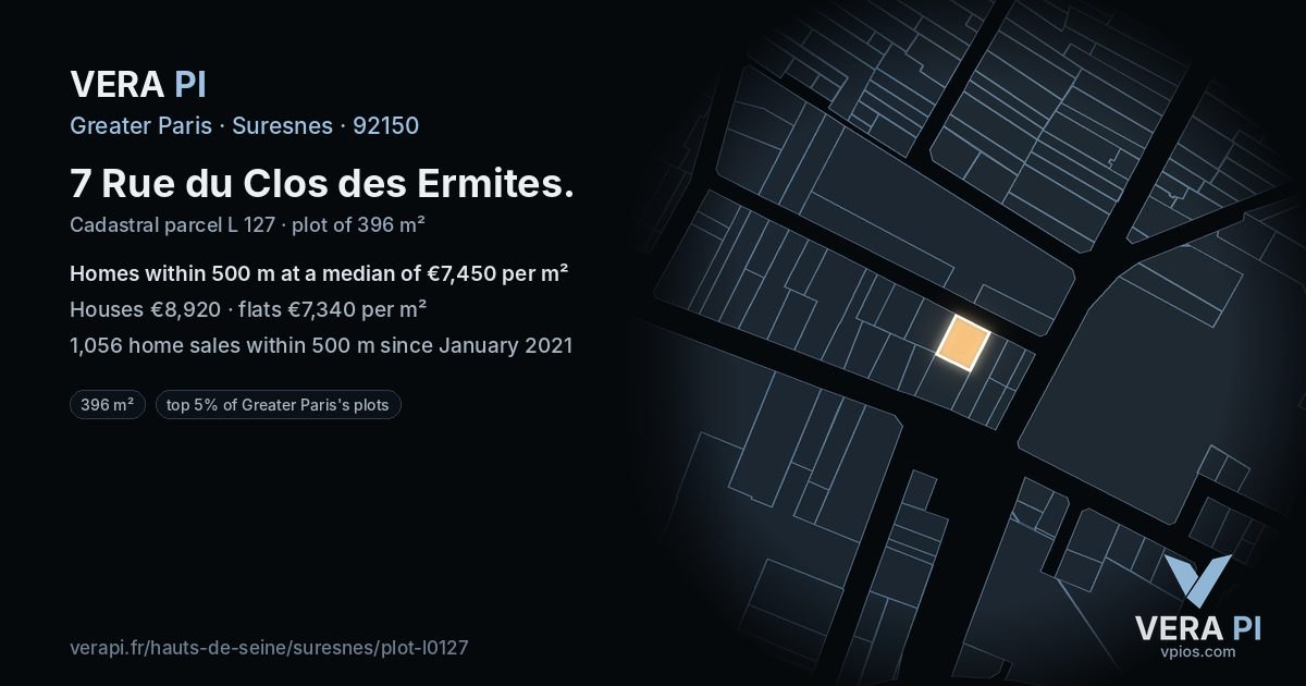 7 Rue du Clos des Ermites, Suresnes at night – the plot lit, the parcels around coloured by the prices near them