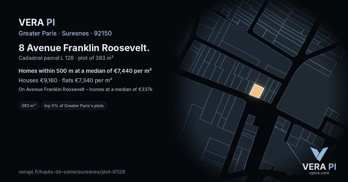 8 Avenue Franklin Roosevelt, Suresnes at night – the plot lit, the parcels around coloured by the prices near them