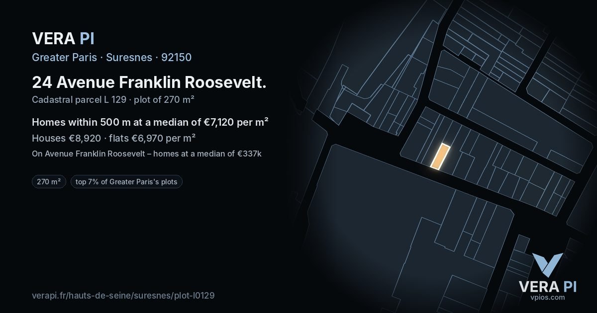 24 Avenue Franklin Roosevelt, Suresnes at night – the plot lit, the parcels around coloured by the prices near them