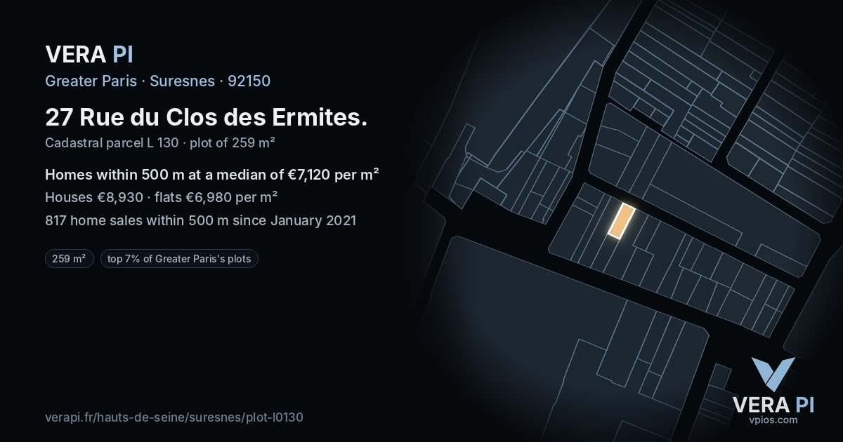 27 Rue du Clos des Ermites, Suresnes at night – the plot lit, the parcels around coloured by the prices near them