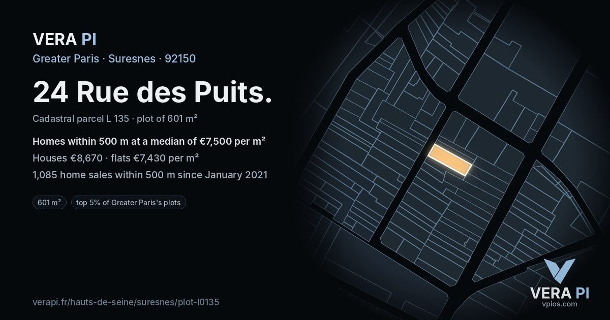 24 Rue des Puits, Suresnes at night – the plot lit, the parcels around coloured by the prices near them