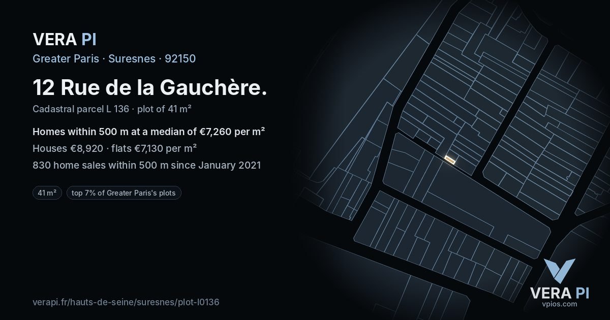 12 Rue de la Gauchère, Suresnes at night – the plot lit, the parcels around coloured by the prices near them