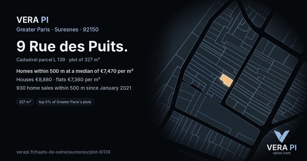 9 Rue des Puits, Suresnes at night – the plot lit, the parcels around coloured by the prices near them