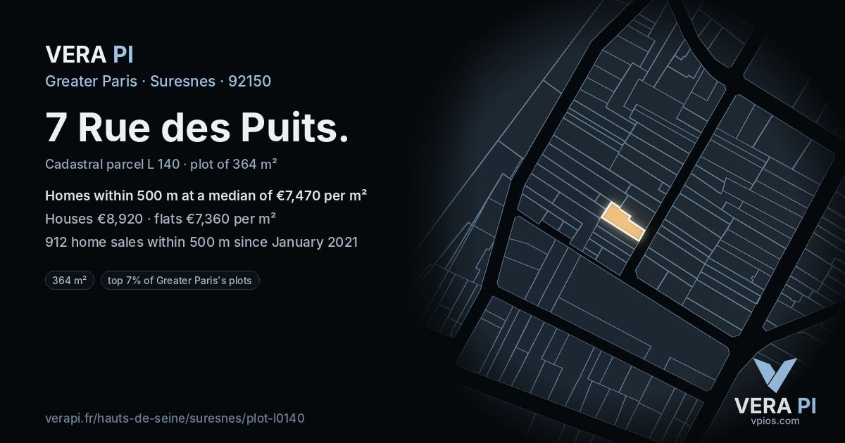 7 Rue des Puits, Suresnes at night – the plot lit, the parcels around coloured by the prices near them
