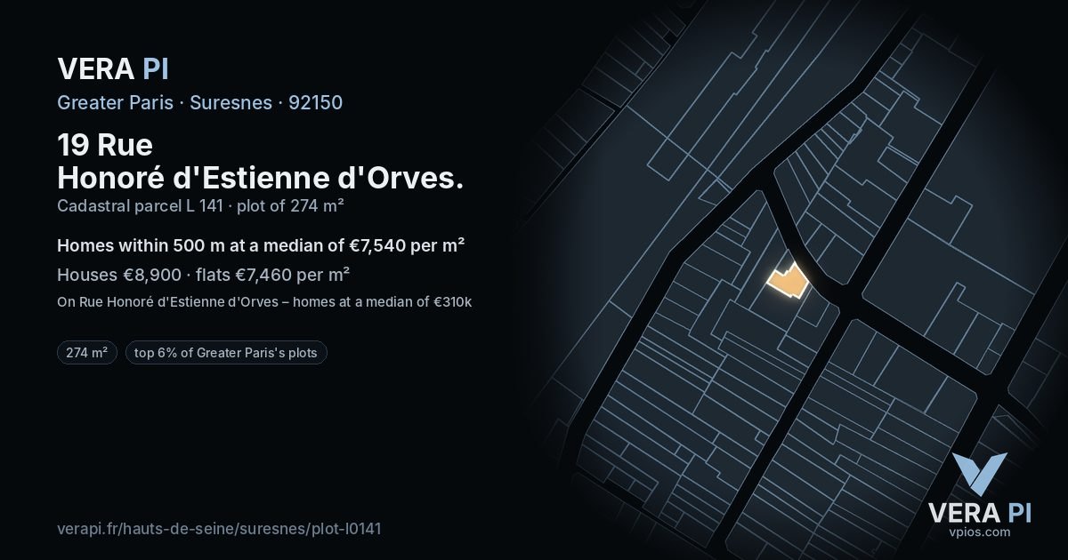 19 Rue Honoré d'Estienne d'Orves, Suresnes at night – the plot lit, the parcels around coloured by the prices near them