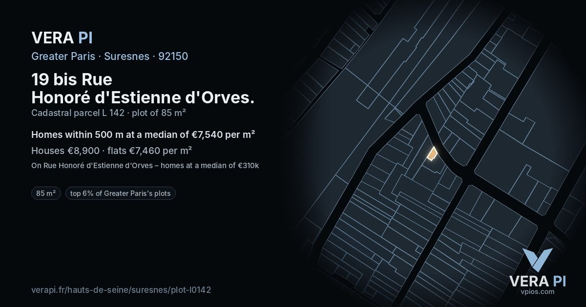 19 bis Rue Honoré d'Estienne d'Orves, Suresnes at night – the plot lit, the parcels around coloured by the prices near them