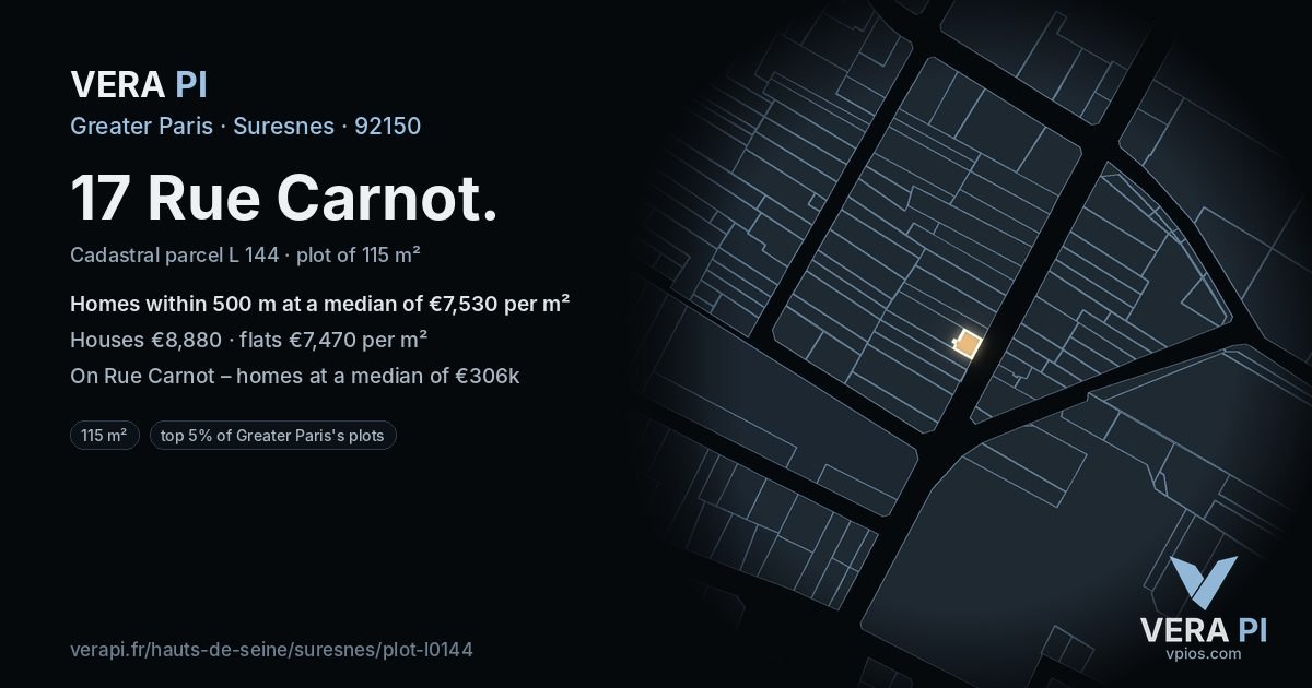 17 Rue Carnot, Suresnes at night – the plot lit, the parcels around coloured by the prices near them