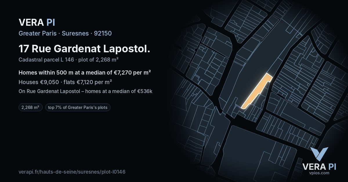 17 Rue Gardenat Lapostol, Suresnes at night – the plot lit, the parcels around coloured by the prices near them