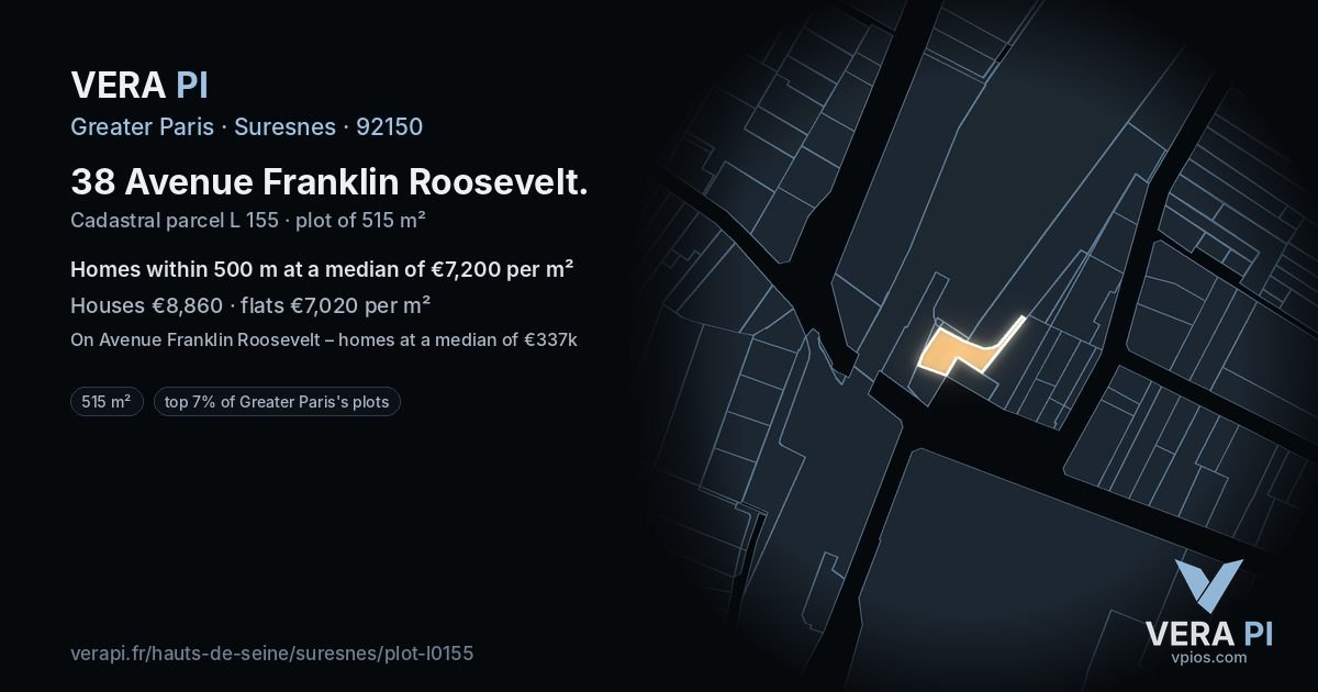 38 Avenue Franklin Roosevelt, Suresnes at night – the plot lit, the parcels around coloured by the prices near them