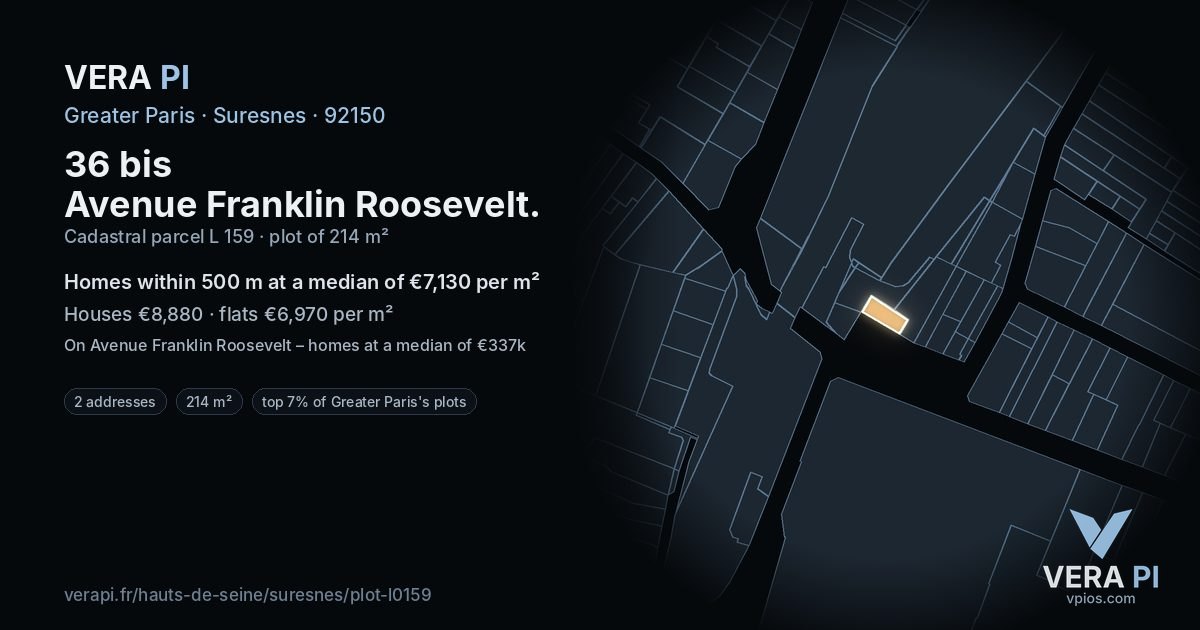 36 bis Avenue Franklin Roosevelt, Suresnes at night – the plot lit, the parcels around coloured by the prices near them