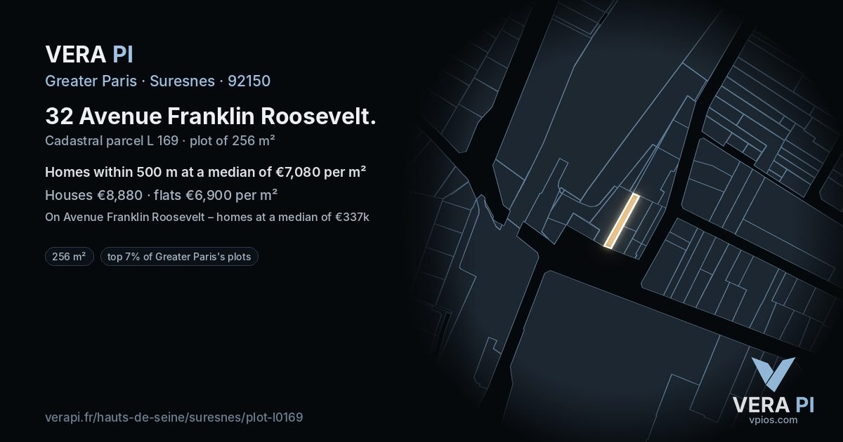 32 Avenue Franklin Roosevelt, Suresnes at night – the plot lit, the parcels around coloured by the prices near them
