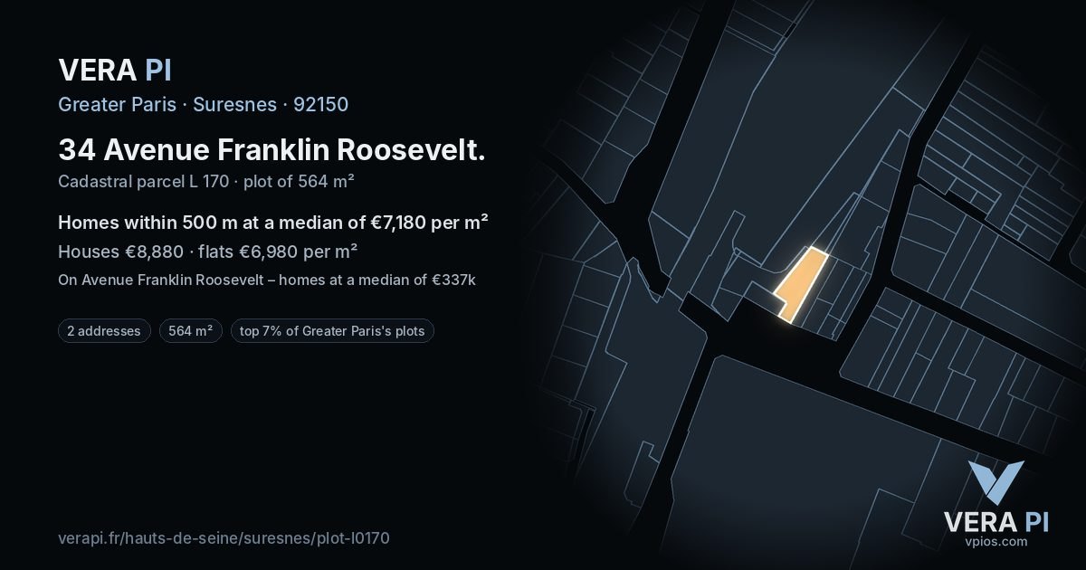 34 Avenue Franklin Roosevelt, Suresnes at night – the plot lit, the parcels around coloured by the prices near them