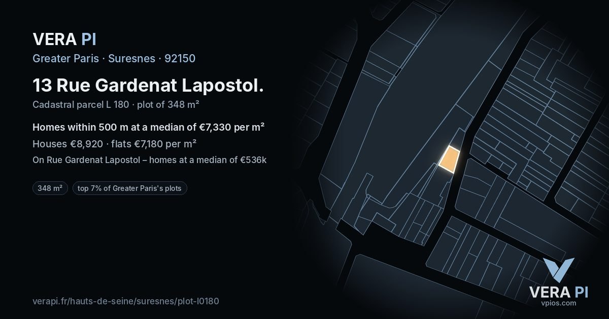 13 Rue Gardenat Lapostol, Suresnes at night – the plot lit, the parcels around coloured by the prices near them