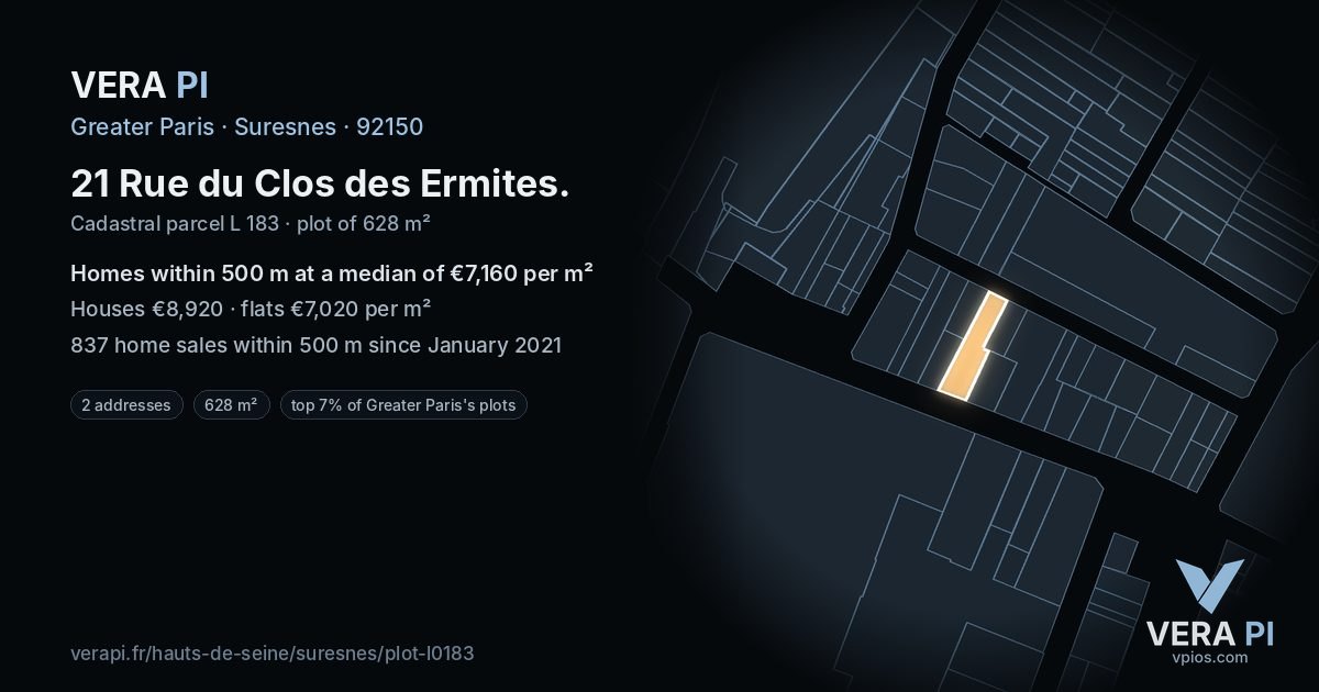 21 Rue du Clos des Ermites, Suresnes at night – the plot lit, the parcels around coloured by the prices near them