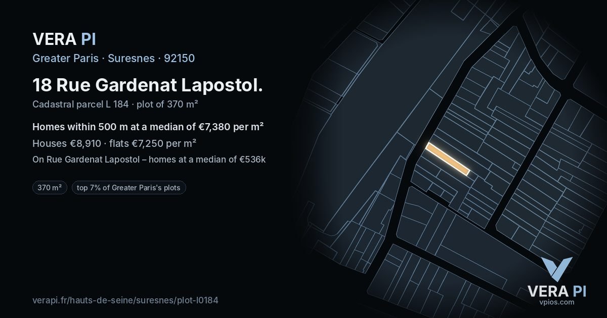 18 Rue Gardenat Lapostol, Suresnes at night – the plot lit, the parcels around coloured by the prices near them