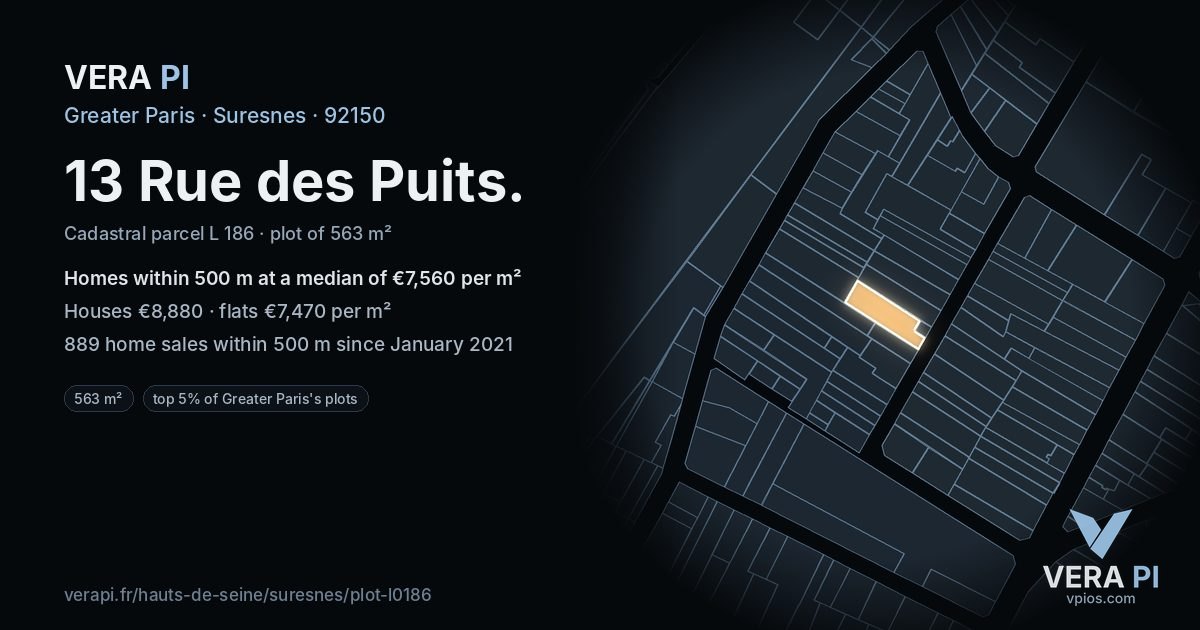 13 Rue des Puits, Suresnes at night – the plot lit, the parcels around coloured by the prices near them