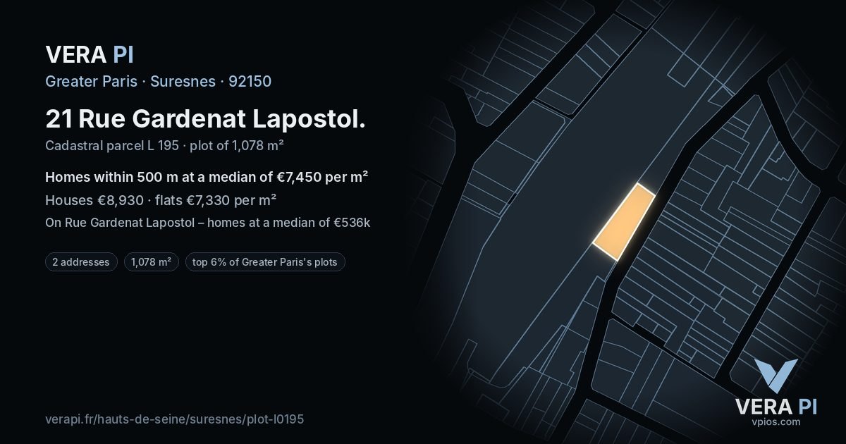 21 Rue Gardenat Lapostol, Suresnes at night – the plot lit, the parcels around coloured by the prices near them