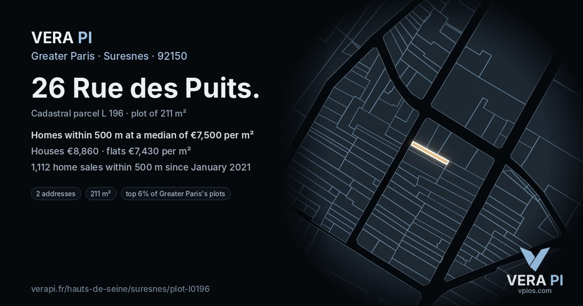 26 Rue des Puits, Suresnes at night – the plot lit, the parcels around coloured by the prices near them
