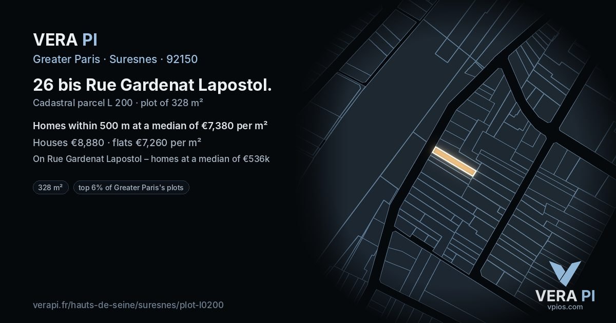 26 bis Rue Gardenat Lapostol, Suresnes at night – the plot lit, the parcels around coloured by the prices near them