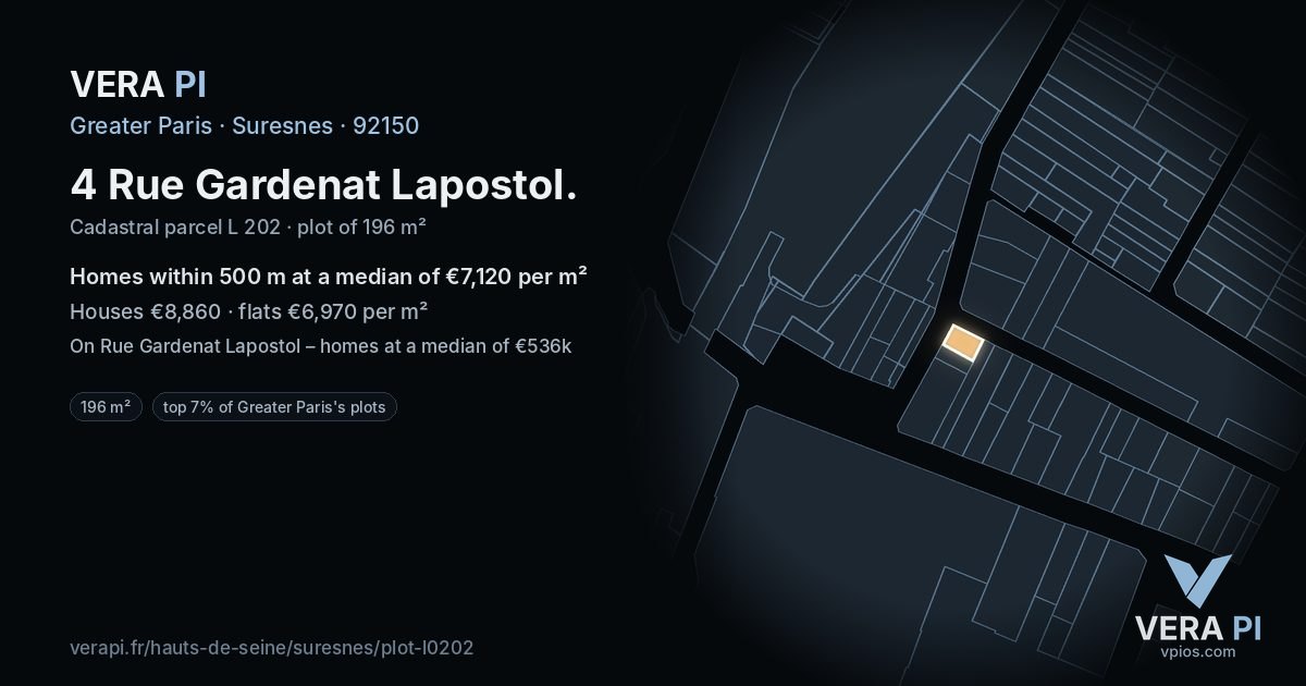 4 Rue Gardenat Lapostol, Suresnes at night – the plot lit, the parcels around coloured by the prices near them