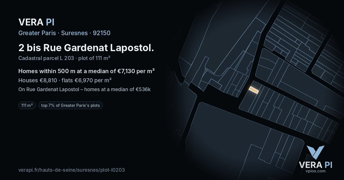2 bis Rue Gardenat Lapostol, Suresnes at night – the plot lit, the parcels around coloured by the prices near them