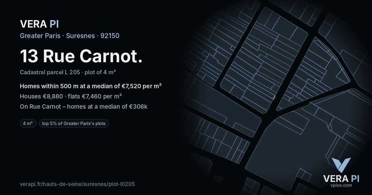 13 Rue Carnot, Suresnes at night – the plot lit, the parcels around coloured by the prices near them