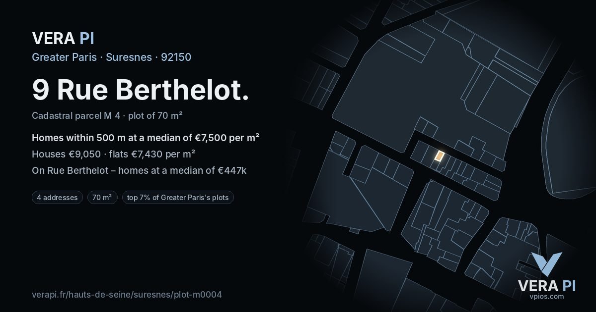 9 Rue Berthelot, Suresnes at night – the plot lit, the parcels around coloured by the prices near them