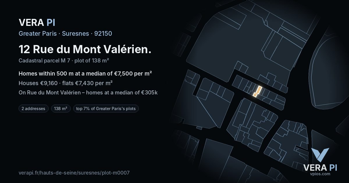 12 Rue du Mont Valérien, Suresnes at night – the plot lit, the parcels around coloured by the prices near them
