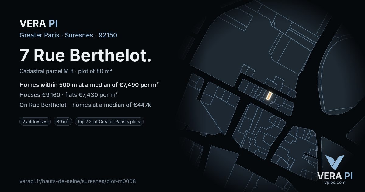 7 Rue Berthelot, Suresnes at night – the plot lit, the parcels around coloured by the prices near them