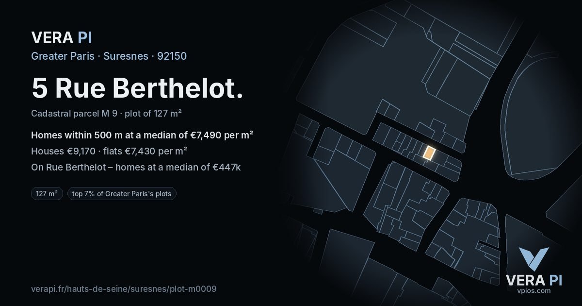 5 Rue Berthelot, Suresnes at night – the plot lit, the parcels around coloured by the prices near them