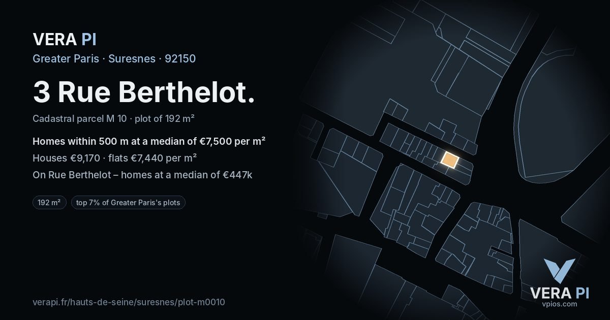 3 Rue Berthelot, Suresnes at night – the plot lit, the parcels around coloured by the prices near them