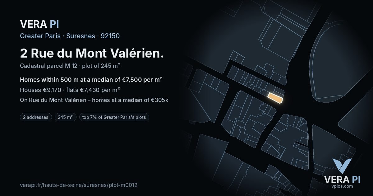 2 Rue du Mont Valérien, Suresnes at night – the plot lit, the parcels around coloured by the prices near them