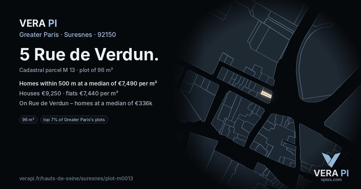 5 Rue de Verdun, Suresnes at night – the plot lit, the parcels around coloured by the prices near them