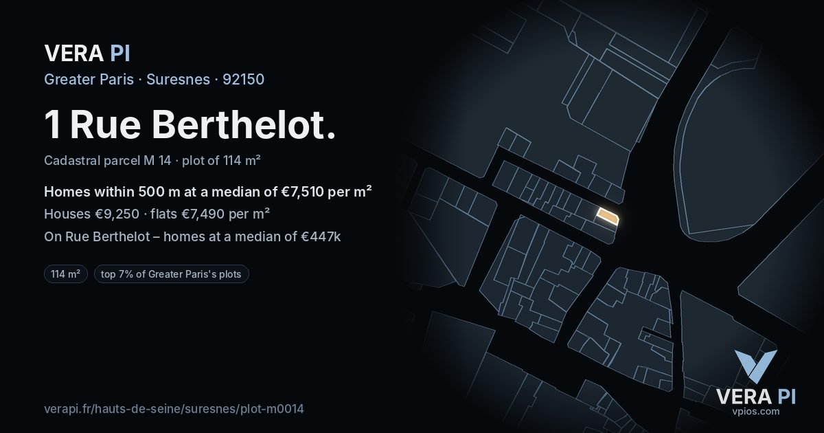 1 Rue Berthelot, Suresnes at night – the plot lit, the parcels around coloured by the prices near them