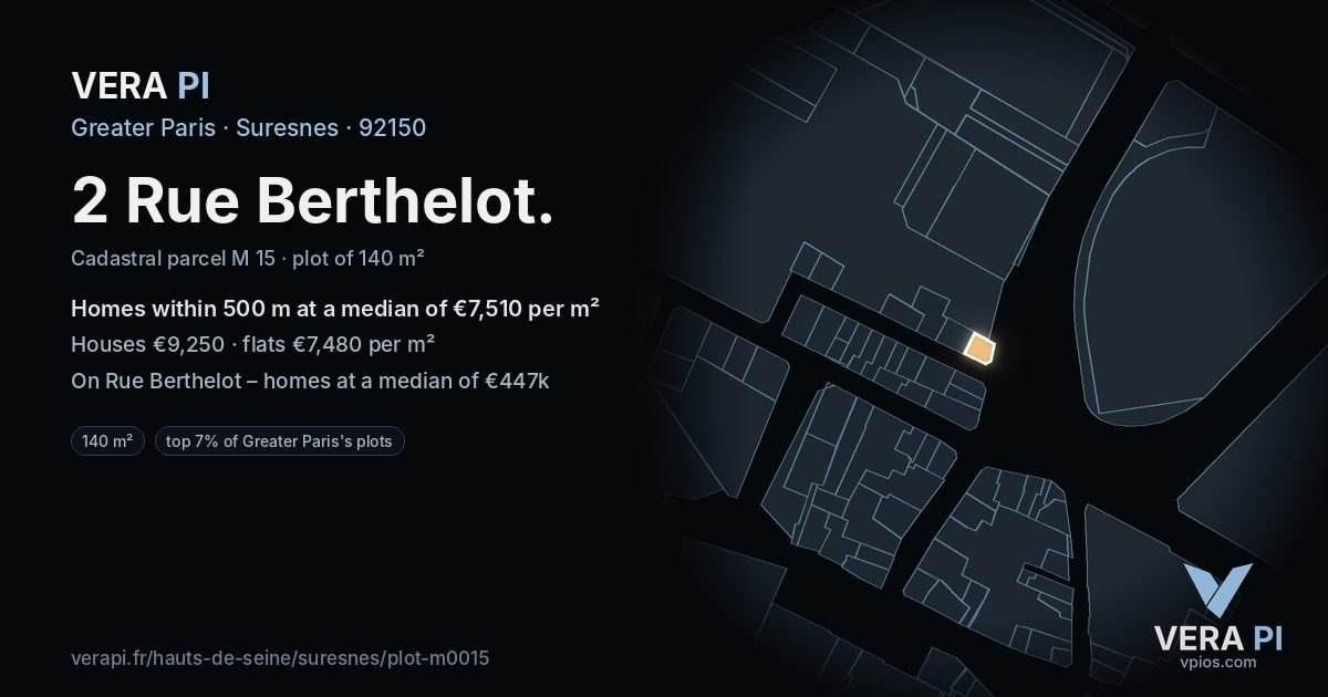 2 Rue Berthelot, Suresnes at night – the plot lit, the parcels around coloured by the prices near them