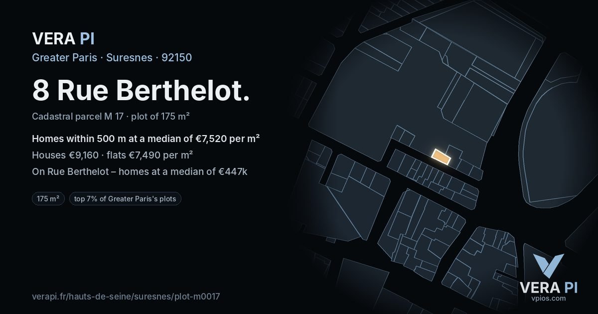 8 Rue Berthelot, Suresnes at night – the plot lit, the parcels around coloured by the prices near them