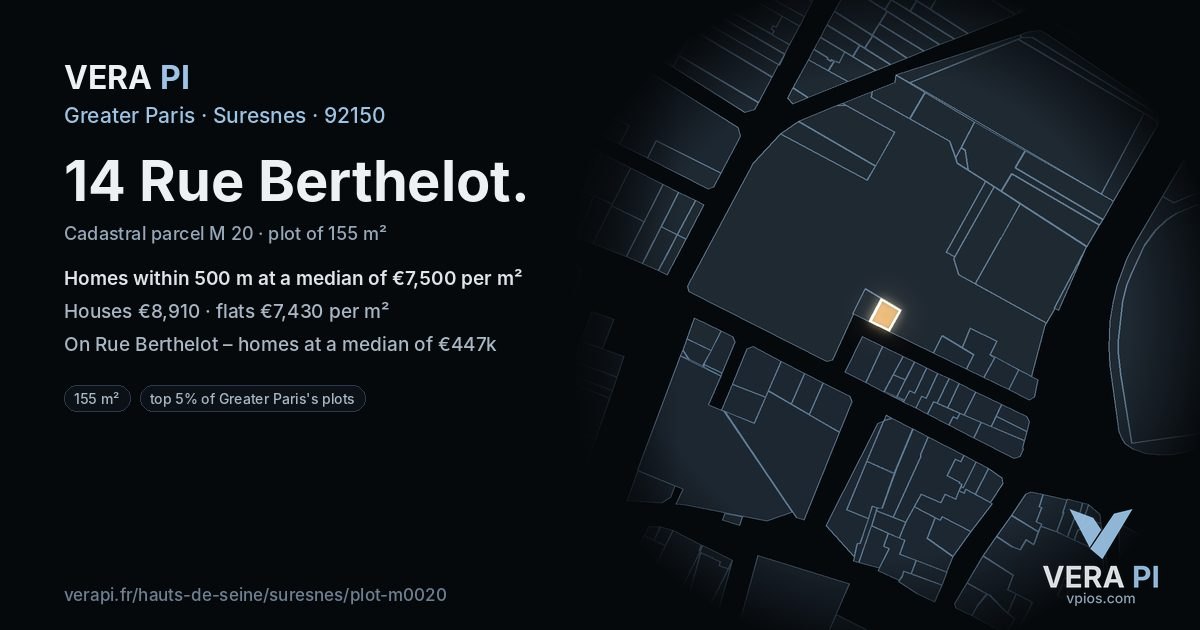 14 Rue Berthelot, Suresnes at night – the plot lit, the parcels around coloured by the prices near them