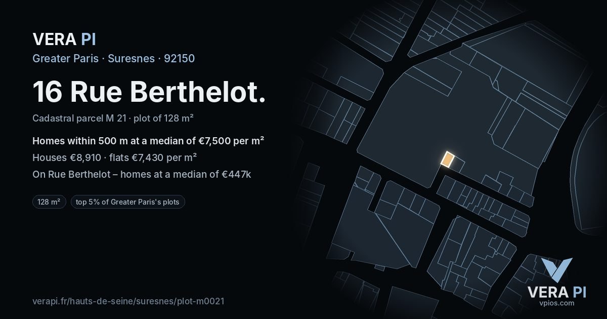 16 Rue Berthelot, Suresnes at night – the plot lit, the parcels around coloured by the prices near them