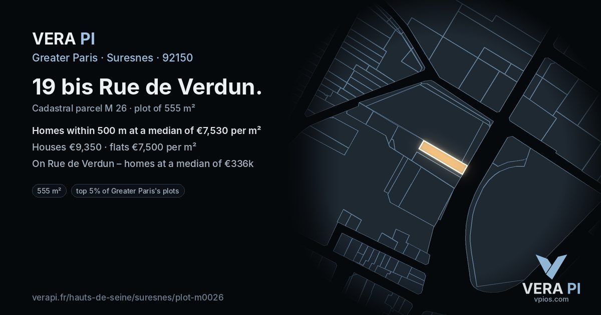 19 bis Rue de Verdun, Suresnes at night – the plot lit, the parcels around coloured by the prices near them