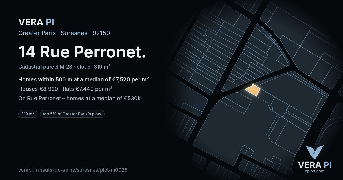14 Rue Perronet, Suresnes at night – the plot lit, the parcels around coloured by the prices near them