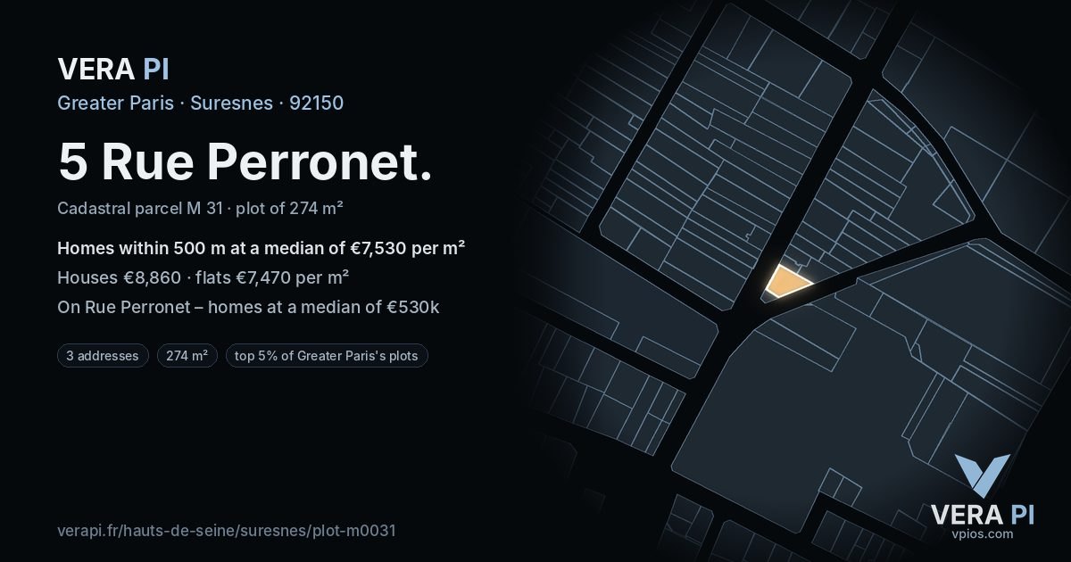 5 Rue Perronet, Suresnes at night – the plot lit, the parcels around coloured by the prices near them