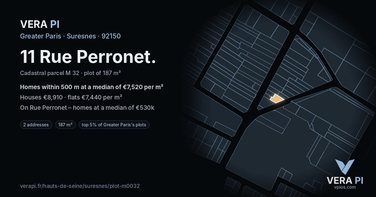 11 Rue Perronet, Suresnes at night – the plot lit, the parcels around coloured by the prices near them