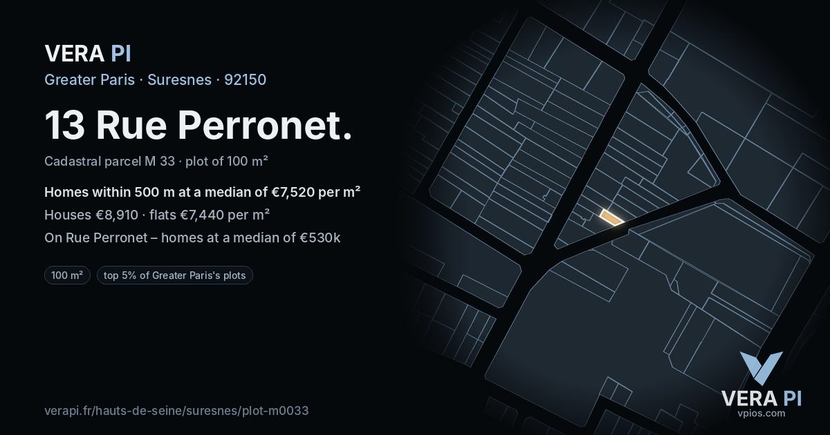 13 Rue Perronet, Suresnes at night – the plot lit, the parcels around coloured by the prices near them