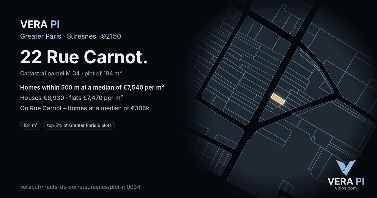 22 Rue Carnot, Suresnes at night – the plot lit, the parcels around coloured by the prices near them