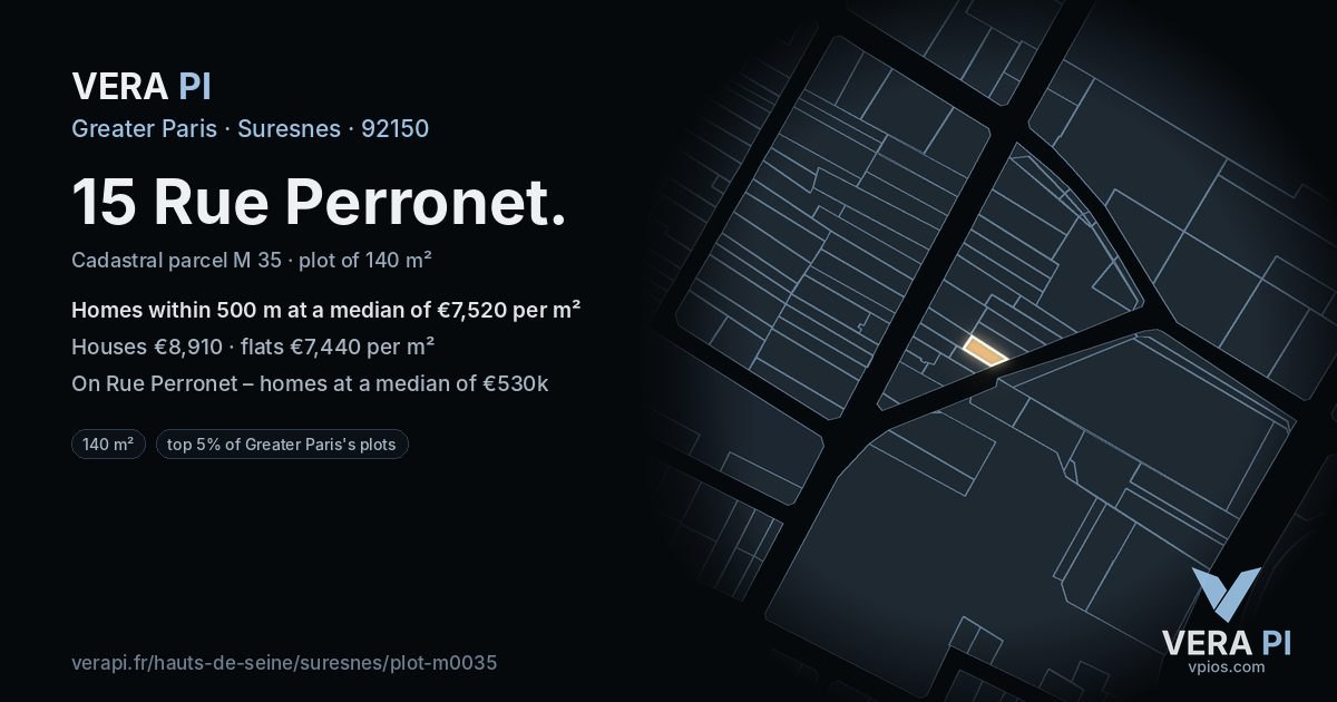 15 Rue Perronet, Suresnes at night – the plot lit, the parcels around coloured by the prices near them
