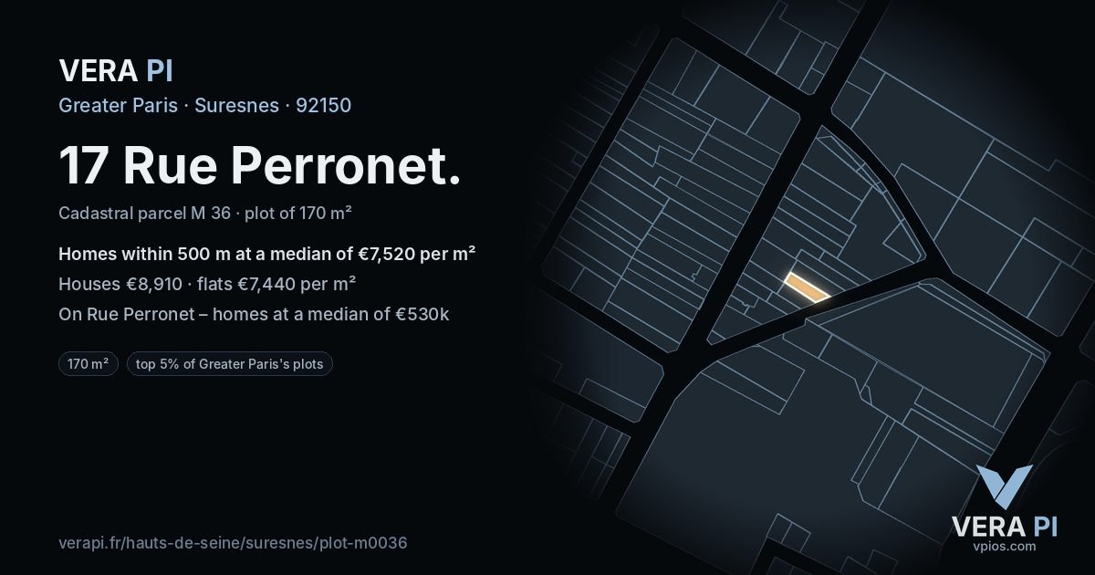 17 Rue Perronet, Suresnes at night – the plot lit, the parcels around coloured by the prices near them
