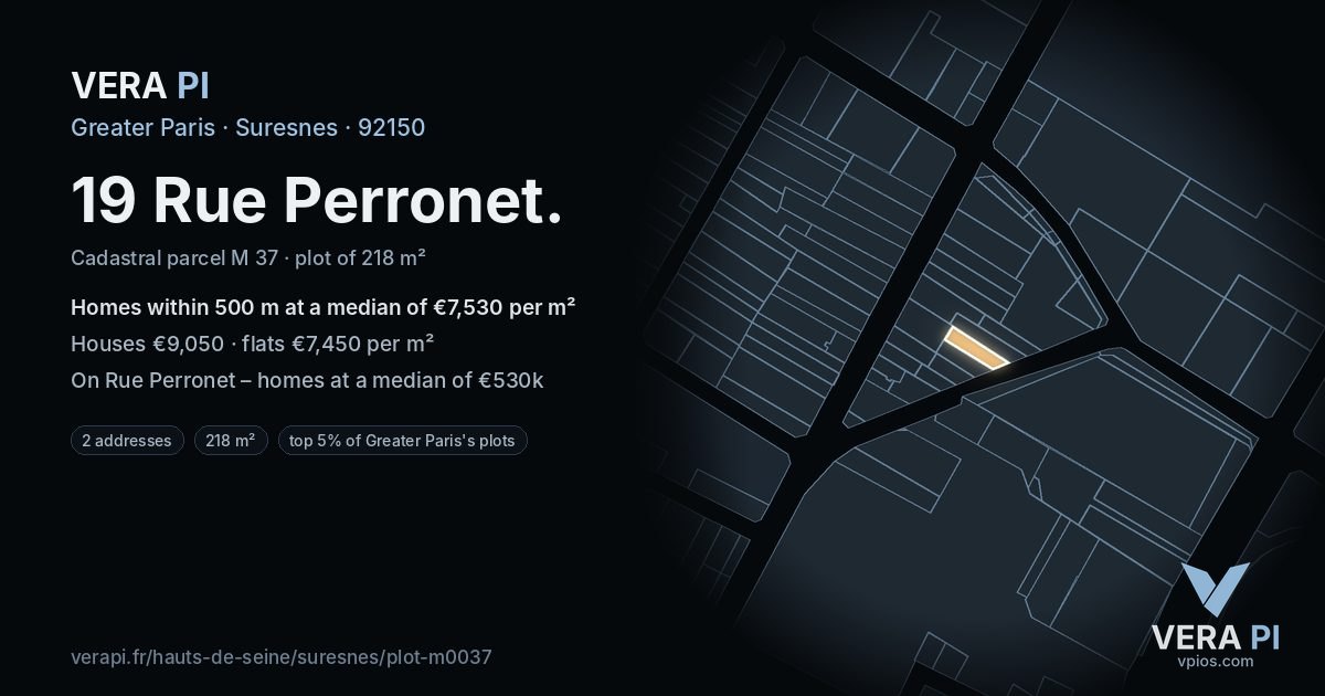19 Rue Perronet, Suresnes at night – the plot lit, the parcels around coloured by the prices near them