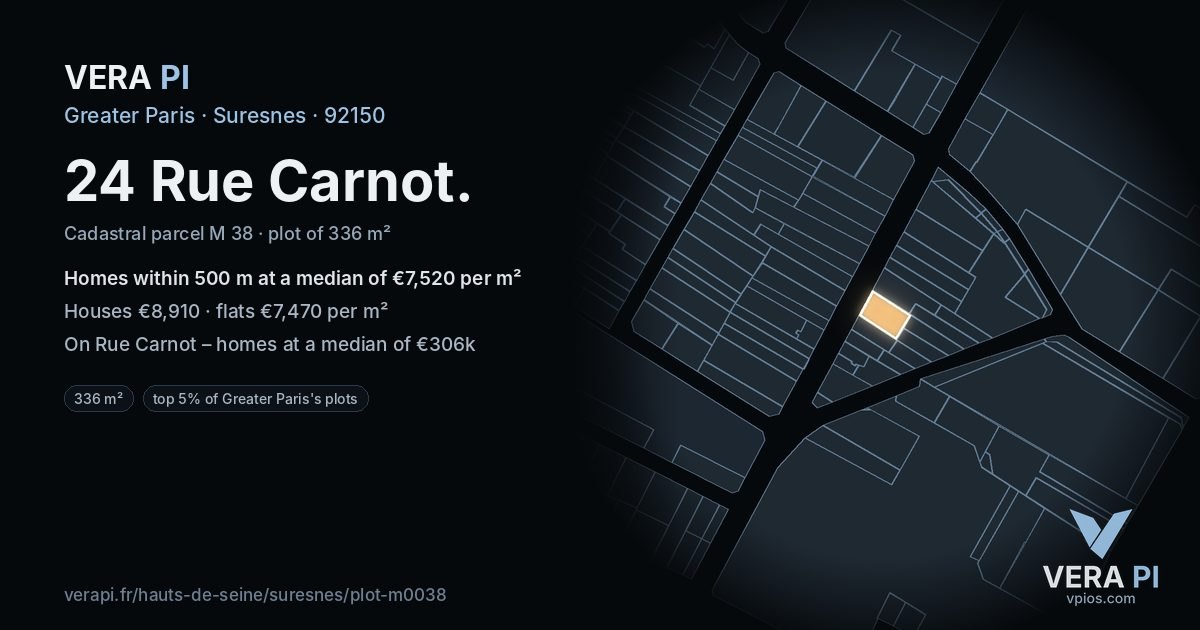24 Rue Carnot, Suresnes at night – the plot lit, the parcels around coloured by the prices near them