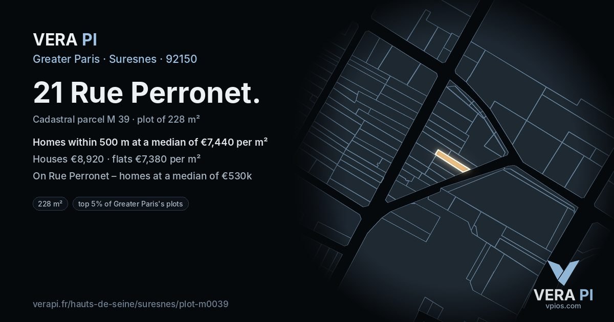 21 Rue Perronet, Suresnes at night – the plot lit, the parcels around coloured by the prices near them